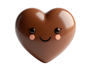3D-rendered chocolate heart with rosy cheeks, smiling on a black background