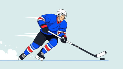Dynamic Hockey Player in Blue Uniform Skating on Ice During a Fast Game