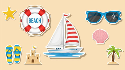 Summer Beach Vacation Icons Collection with Sailboat and Tropical Elements.