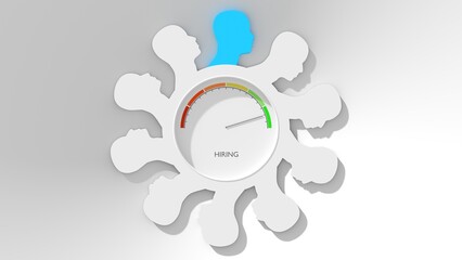 The choice of the best suited employee. Human heads and round meter scale. HR job seeking concept. 3D render
