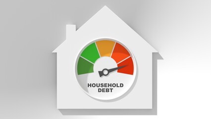 Household debt growth level meter. Mortgage loan debt for buying home or real estate property, money risk management in financial, foreclosure, bankruptcy crisis. House icon with scale. 3D render