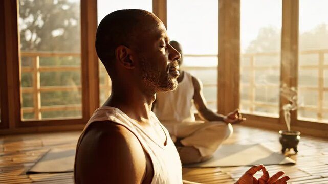 Serene Morning Yoga Practice - Two meditative men practice yoga in a calm, indoor space filled with peaceful morning light. Incense burns nearby, enhancing the mindful atmosphere.