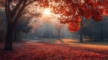A picturesque autumn landscape with a golden sunrise breaking through the trees in a park, casting long shadows on the ground covered in fallen leaves.