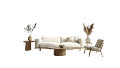 Modern living room scene with light furniture and natural decor