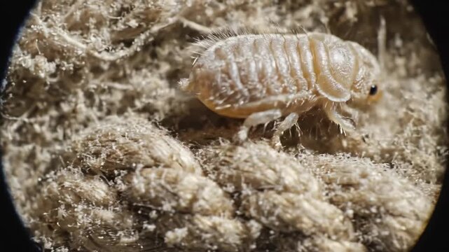 Microscopic View of Dust Mite on Surface - This is a close-up, microscopic view of a dust mite, a common allergen, clinging to a rough surface.