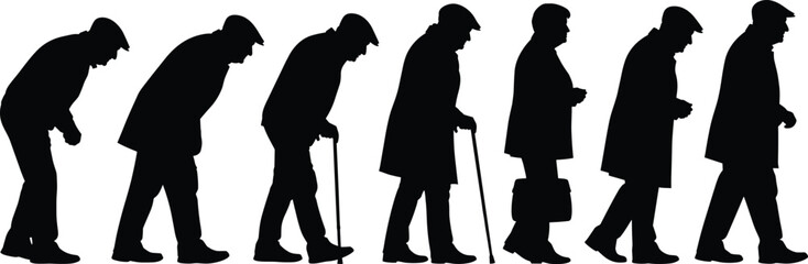 Evolution of Man Aging Process, Senior Elderly Person Slowly Moving from Bent Posture with Cane to Upright, Symbolizing Retirement and Life's Journey Vector Silhouette Illustration © SreeShontusChandra