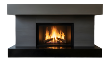Modern Electric Fireplace with Realistic Flames in a Sleek Black and Grey Frame on Transparent Background