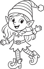 Cheerful young girl wearing a festive elf costume with striped hat and shoes, joyfully waving in a playful holiday atmosphere, embodying the spirit of Christmas and New Year celebrations