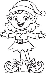 Cheerful elf character in festive attire with a playful expression, wearing a holiday hat and curled shoes, embodying the spirit of Christmas and winter celebrations with copy space