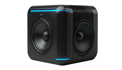 Obraz premium Black speaker cube with two large circular drivers and blue accents