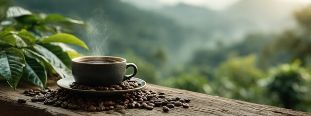 Freshly Brewed Coffee on Wooden Table Surrounded by Natural Green Landscape and Coffee Beans