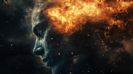 A profile of a human face with a fiery, starry sky behind it, symbolizing passion, energy, and the vastness of the human mind.