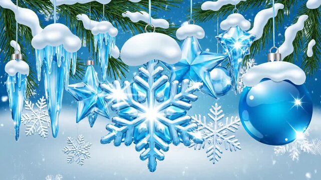 Winter holiday decorations with blue ornaments and snow