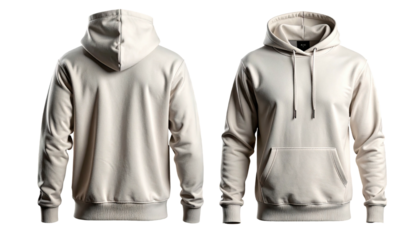 Beige hooded sweatshirt front and back views on a black background