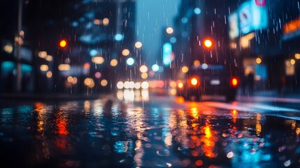 Obraz premium A rainy night in the city, with blurred lights reflecting on wet pavement.