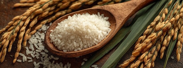 Fresh Uncooked White Rice in Wooden Spoon Surrounded by Rice Plants and Grain on Wooden Table