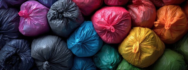 Colorful Garbage Bags Arranged in Neat Pattern for Waste Disposal and Recycling Applications