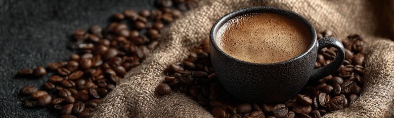 Dark Coffee Cup Surrounded by Roasted Coffee Beans on Textured Burlap Background
