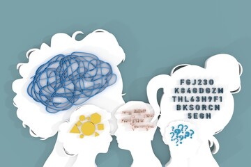 Neurodiversity in men. Logic. Thinking brain. Brainstorming. People with different skills, mindsets or psychological features. Head profile. Differences in personality characteristics. 3D render