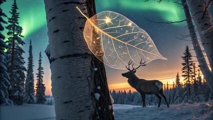 A magical winter scene with a deer in a snowy forest, illuminated by the northern lights, and a sparkling, transparent leaf glowing on a birch tree