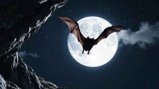 Bat Flight Under Moonlight - A bat emerges from a cave at night. It flies in front of a bright, full moon in a star-filled sky with a few clouds.