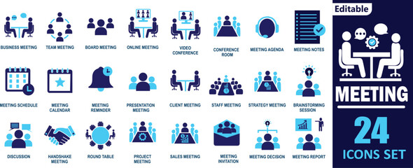 Meeting and Conference Editable Vector Icon Set Including Business Meeting, Video Call, Brainstorming, Strategy Session, Presentation and Report Symbols for Corporate Design Use