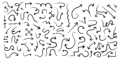 Various brush drawn curved arrows. Collection doodle marker thick arrows in different directions. Grunge rough direction shape for design. Vector brush strokes illustration.