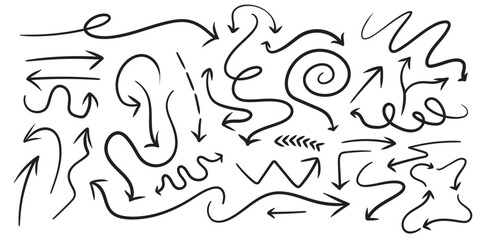 Various brush drawn curved arrows. Collection doodle marker thick arrows in different directions. Grunge rough direction shape for design. Vector brush strokes illustration.