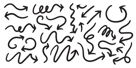 Various brush drawn curved arrows. Collection doodle marker thick arrows in different directions. Vector brush strokes illustration. Grunge rough direction shape for design.