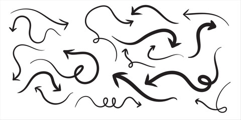 Various brush drawn curved arrows. Collection doodle marker thick arrows in different directions. Grunge rough direction shape for design. Vector brush strokes illustration.