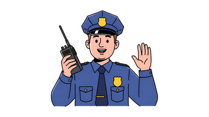 Friendly Cartoon Police Officer with Walkie-Talkie Waving Hand, Isolated on Transparent Background
