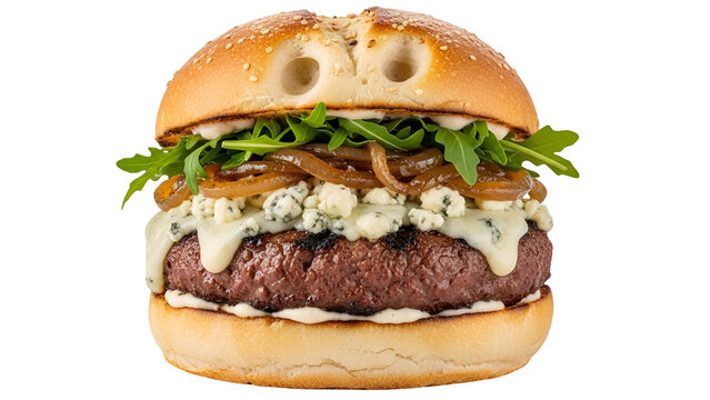 Gourmet Blue Cheese Burger with Caramelized Onions and Arugula, Isolated on Transparent Background