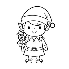 Obraz premium Adorable Christmas Elf Holding a Teddy Bear Toy Illustration.