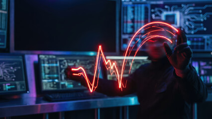 AI risk controls concept with person interacting with digital data and glowing red graph line in futuristic technology environment