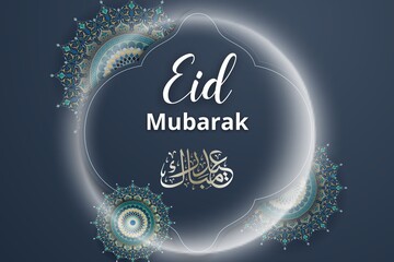 Eid Mubarak greetings card design with Islamic elements on dark background. Islamic template design for greeting card, banner, poster, social media posting or story