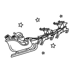 Santa Claus in a sleigh pulled by reindeer outline drawing for coloring.