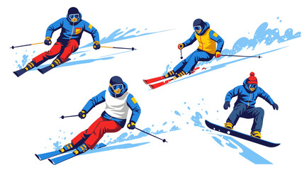 Skiers and snowboarder in action on the slopes