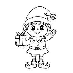 Cute Christmas elf character holding a gift box and waving.
