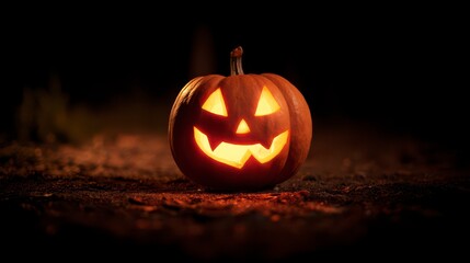 A carved pumpkin with an illuminated, jack-o'-lantern face sits on dirt, glowing in the darkness. The background is a soft blur