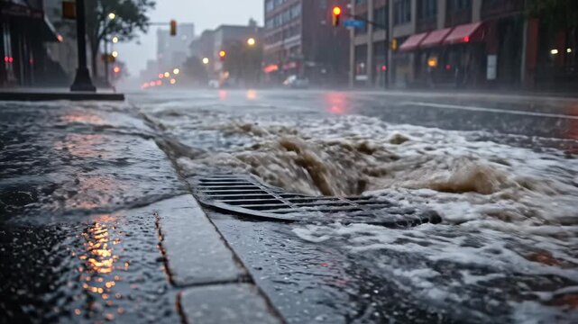 Rainwater Runoff Flowing into Storm Drain - Heavy rainwater runoff gushes into a city storm drain during a downpour.