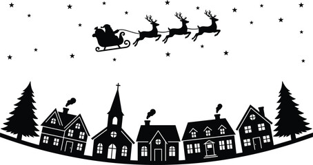 Christmas village silhouette with Santa sleigh, reindeer flying night sky, winter holiday town, black isolated illustration © MstMuktarinaAkter