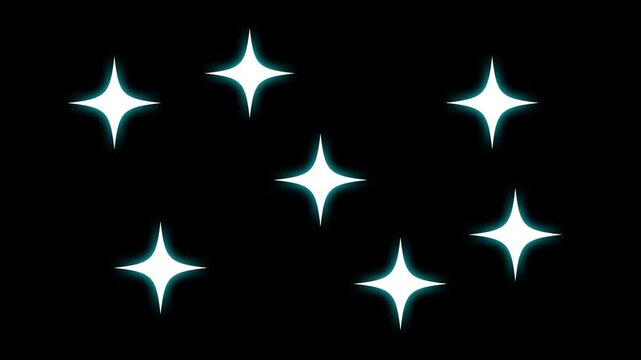 Sparkling twinkle star animation, Star glitter twinkle animation, white cartoon doodle sparkling stars, flat vector blinking shine effects, glowing motion on black screen background,festive overlay 4k