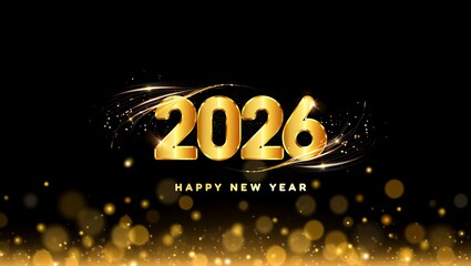 Luxury Golden 2026 Happy New Year 3D Typography with Sparkling Light Trails and Bokeh