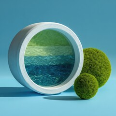 Abstract circular form with layered, watery colors, surrounded by a white cylinder and two moss-covered spheres on a light blue background
