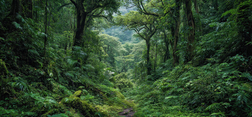 Panoramic View of Lush Rainforest with Dense Green Foliage and Sunlight