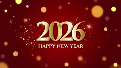 Luxury 2026 Happy New Year Greeting with Golden Typography on Festive Red Bokeh Background
