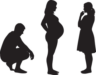 Silhouettes of a Crouching Man Pregnant Woman and Standing Woman