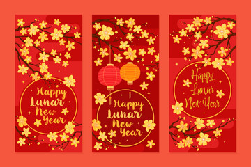 Fototapeta premium Design of festive red money envelopes for Lunar New Year. Asian lanterns, spring branches with yellow apricot or cherry flowers, red background.
