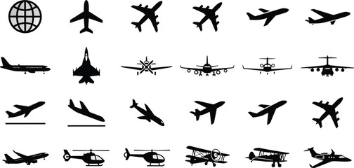 Aviation Icon Collection Featuring Commercial Airplanes, Military Fighter Jets, Helicopters, Propeller Planes, and Private Glider Silhouettes for Travel and Transport Design.
