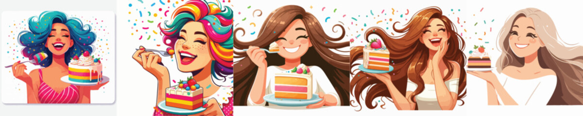 vector woman eating cake white background